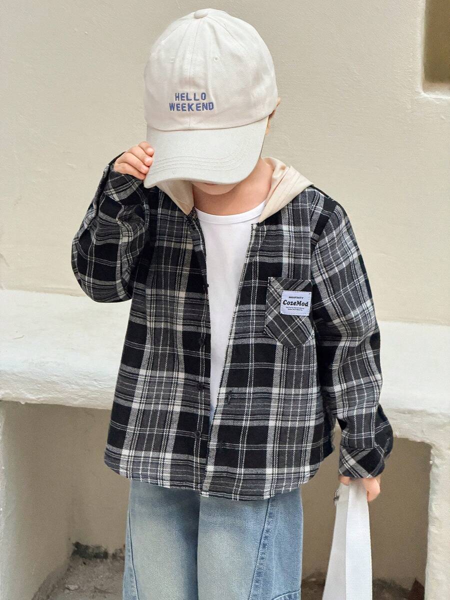 Zikori Little Byeori 男童休闲拼接格子连帽纽扣长袖衬衫 - 彩色 - 查看 1