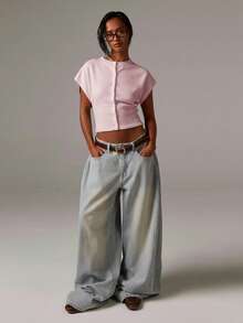 Athîral Solid Color Slim Fit Front Button Casual Minimalist Knit Sweater Vest - Baby Pink - View 3