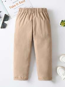 SHEIN بنطلون أطفال ذكور كاجوال أحادي اللون، مزين بزر واحد، جيوب مائلة، تصميم خصر مطاطي، مناسب للارتداء اليومي، السفر، الحفلات، العطلات، موضة متعددة الاستخدامات