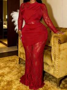 Slaydiva 秋冬新款优雅派对聚会约会舞会精致迷你连衣裙，适合毕业季、婚礼季、生日派对、休闲外出、闺蜜聚会等场合。性感纯红色长袖修身长裙，饰有透视网纱拼接，大码情人节装扮。 - 紅色 - 查看 3