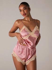 SHEIN BAE Women Contrast Lace Camisole And Shorts Pajama Set - Baby Pink - View 1