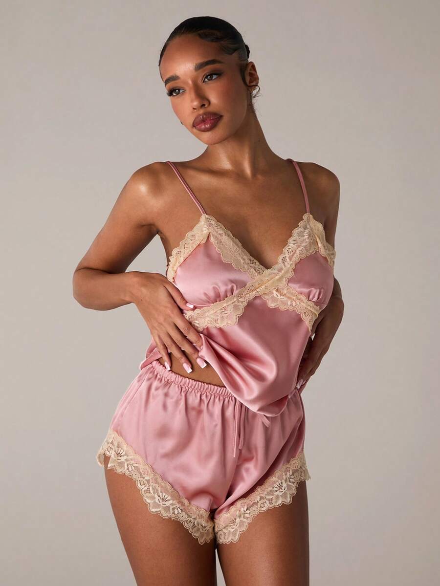 SHEIN BAE Women Contrast Lace Camisole And Shorts Pajama Set - Baby Pink - View 1