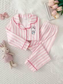 2件套 女童时尚可爱粉色条纹兔子印花甜美温柔翻领开衫长袖睡衣套装 - 粉色 - 查看 3