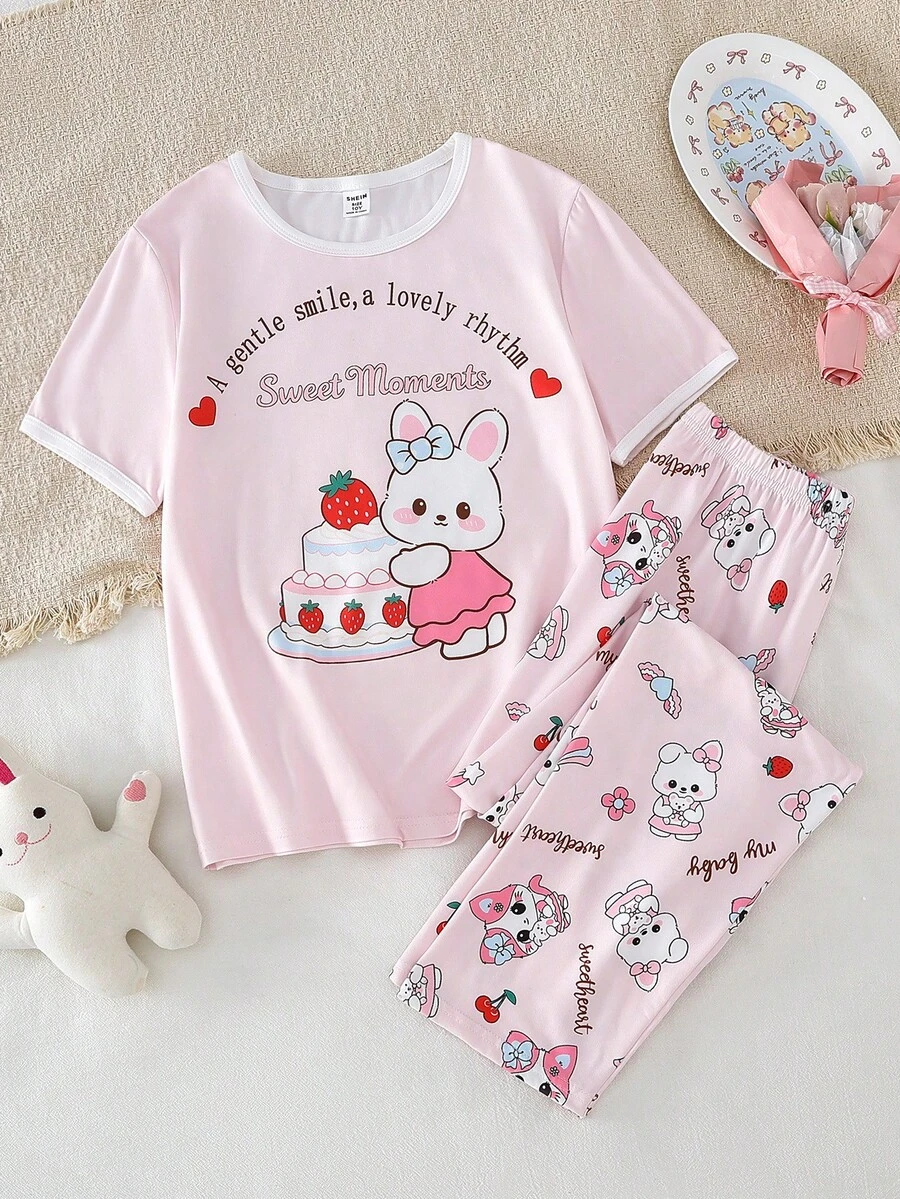 2pcs Girls Rabbit Print Casual Round Neck Short Sleeve Top And Full Print Rabbit Pants Pajama Set - Baby Pink - View 1