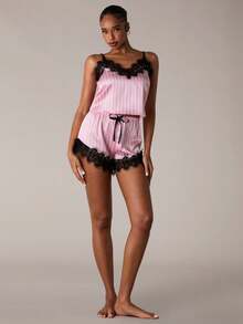 SHEIN BAE 对比色蕾丝条纹印花缎面睡衣套装/睡衣套装假日季节