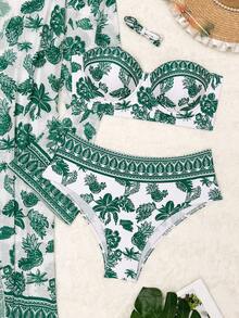 Swim Vcay 三件套：印花细肩带聚拢钢圈比基尼泳衣 + 印花长袖罩衫 - 綠色 - 查看 6