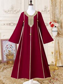 SHEIN 优雅端庄的绿色长袍，修身休闲阿巴雅式连衣裙，适合青少年女孩，民族风中东设计 - 酒紅色 - 查看 7