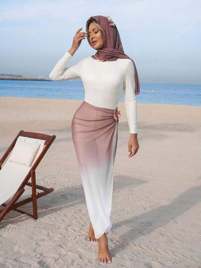 Swim Mulvari Conjunto de manga larga y pantalones de estampado de orquídeas degradado de beige a marrón, conservador y apropiado para el resort de playa en vacaciones de verano 2022 para mujeres