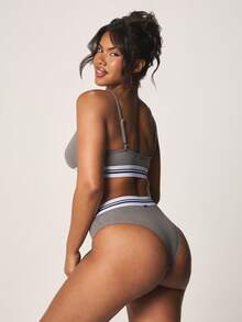 Missguided x Playboy V Neck Bralette And High Waisted Brief Panty Set With Elastic Band Details - Grey - View 2