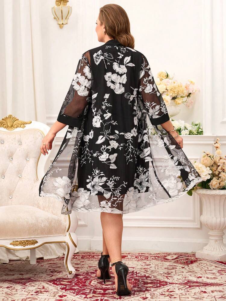 Plus Size Elegant Party Floral Embroidered Mesh Jacket & Dress 2-Piece Set,Flower/Summer/Spring/Vacation