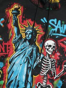 ROMWE MEN Street Life Men's Long Sleeve Hooded Drawstring Creative Cross & Skull Graphic Sweatshirt - Black - View 4