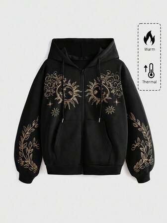 Plus Size Hippie Sun & Leaf Print Zip-Up Hoodie, School, Long Sleeve Top For Graduation, Back To School, Graduation Ceremony, Women Teachers Outfit, Back To School Sweatshirt, Plus Size Autumn/Winter Sweatshirt