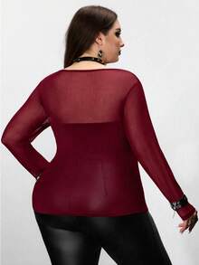 SHEIN CURVE+ 大码薄纱长袖上衣，万圣节，秋季/冬季情人节 - 酒紅色 - 查看 2