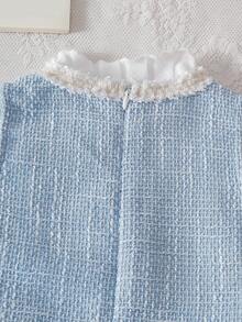 SHEIN Elladie kids 2 件套女婴秋冬校服套装，3 个月 - 3 岁，包括：1 件蓝色优雅甜美多层荷叶边网眼蛋糕裙，1 件米色修身罗纹高领长袖上衣 - 藍色 - 查看 5