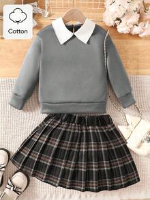 少女休闲时尚韩版套装，白色翻领纯色长袖卫衣搭配棕色百褶裙，两件套，适合秋冬季节、返校季穿着，甜美优雅的学院风休闲装，适合日常穿着、上学、拍照、聚会等场合。少女服装套装，校服，裙子和衬衫，适合青少年女孩。灰色校服，制服，秋冬季服装。 Bear 工装连帽衫，翻领，裙子和衬衫套装。 - 灰色 - 查看 3