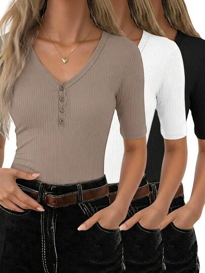 EMERY ROSE Women's Solid Color Minimalist Short Sleeve T-Shirt, Casual Everyday Wear