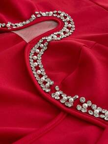 Viva Relle Plus Size Sexy Elegant Pearl Rhinestone Embellished Brick Red Dress - Red - View 6