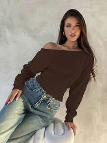 Aloruh 杏色针织不对称肩部长袖上衣，女士秋冬款 - 咖啡棕 - 查看 7