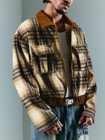 Street Life Abrigo corto casual de hombre con parches a cuadros y grosor