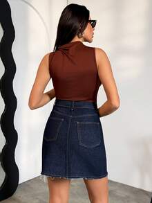 EURMUSE Jupe courte en jean à poches obliques et ourlet effiloché, à la mode été pour femme - Jean brut - Voir 2