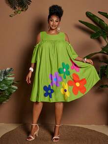 Maweii Summer Off-Shoulder Round Neck Cartoon Floral Casual Vacation Dress - Green - View 4