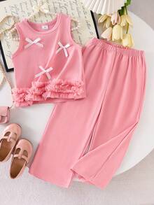 2 Peças Conjunto de Regata com Babado na Barra e Calça Reta em Malha Rosa para Meninas Jovens, Conjunto Elegante, Doce e Casual de Verão para Meninas - Rosa chiclete - Visão 6