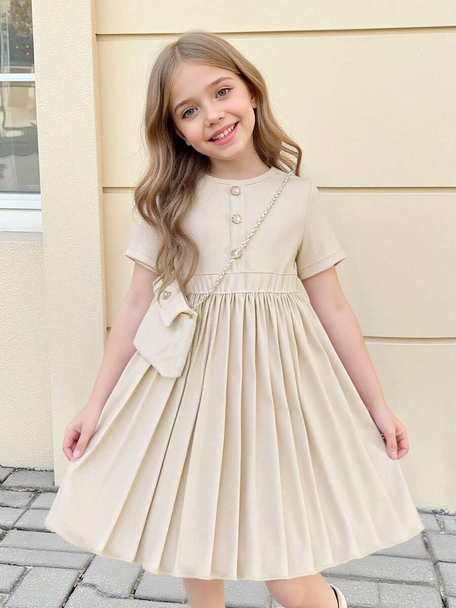 Elladie kids 1pc Girls Kids Summer New 2025 Round Neck Short Sleeve Front Button Decor Hem Pleated Design Khaki Casual Dress + Crossbody Bag, Elegant Minimalist Fashion Versatile For School And Outings - Khaki - View 1