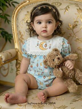 Cozy Pixies Baby Girl Floral Print Round Neck Ruffle Trim Bubble Sleeve Romper