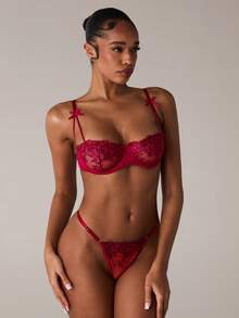 SHEIN BAE 2件紫色浪漫花卉刺绣性感内衣套装女士 - 酒紅色 - 查看 6