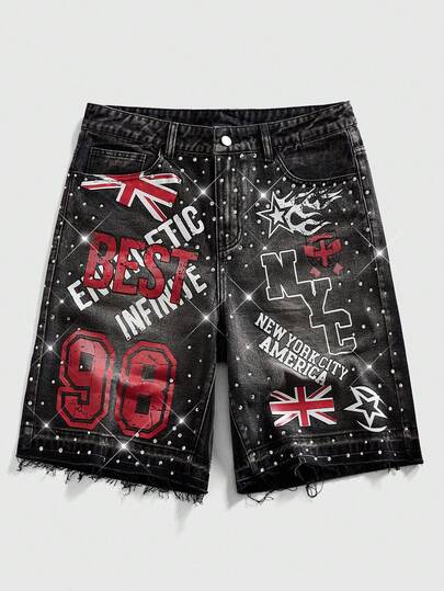 ROMWE MEN Grunge Punk Men's Pocket Button Letter & Number Graphic Frayed Hem Casual Versatile Daily Wear Denim Shorts
