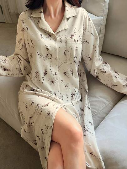 DAZY 植物纹理印花宽松长款女式睡袍