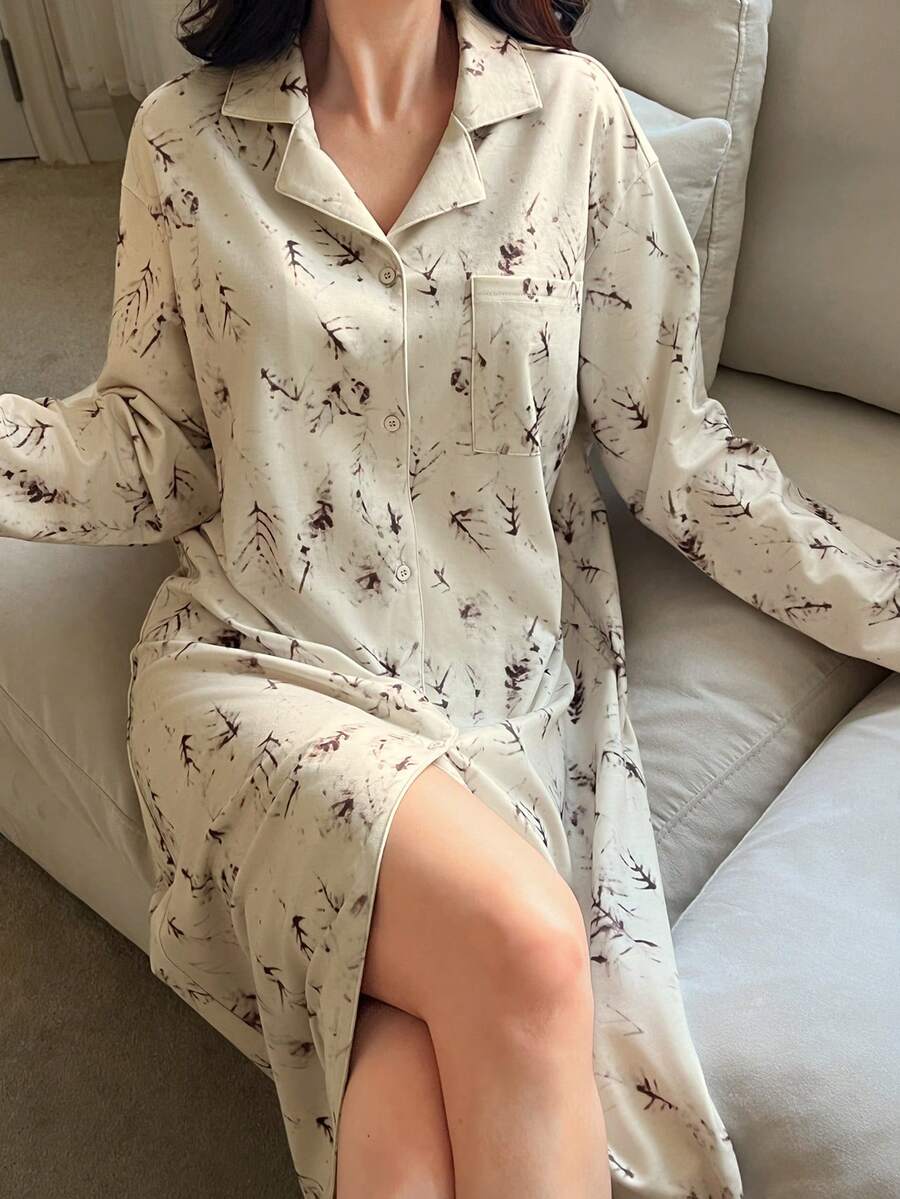 DAZY Plant Vein Pattern All-Over Print Loose Long Women Robe - Khaki - View 1