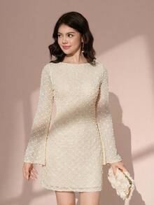 Pitira Pitira Robe longue mi-mollet à manches longues pour adolescentes, couleur unie, mode pour l'été, robes d'été, robes abricot, robe élégante, rentrée scolaire - Nude - Voir 5