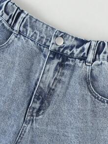 SHEIN ChillGRL 年轻女孩 Y2K 风格复古浅蓝色做旧牛仔裤，彩色花卉刺绣宽松直筒裤，面料柔软舒适，时尚街头风。 - 淺色水洗藍 - 查看 4