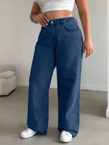 EURMUSE 100%Cotton HIGH RISE STRAIGHT CUT PLUS SZIE WOMEN JEAN - Dark Wash - View 4