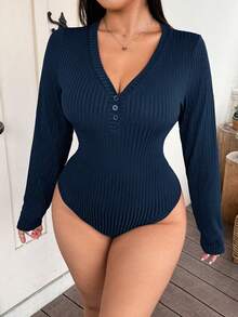 Vionelle Plus Size V-Neck Long Sleeve Button-Down Bodysuit - Navy Blue - View 5