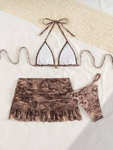 Swim Vcay 3pcs/Set Women Swimwear Brown Snakeskin Print Halter Elegant Bikini Set With Short Ruffle Hem Skirt,Summer,Casual,Beach,Vacation,Holiday Party - Multicolor - View 3