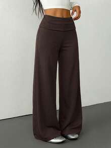 SHEIN PETITE Casual Brown Knitted Fabric Wide Leg Pants For Women Extra Long Rib-Knit Design - Brown - View 1