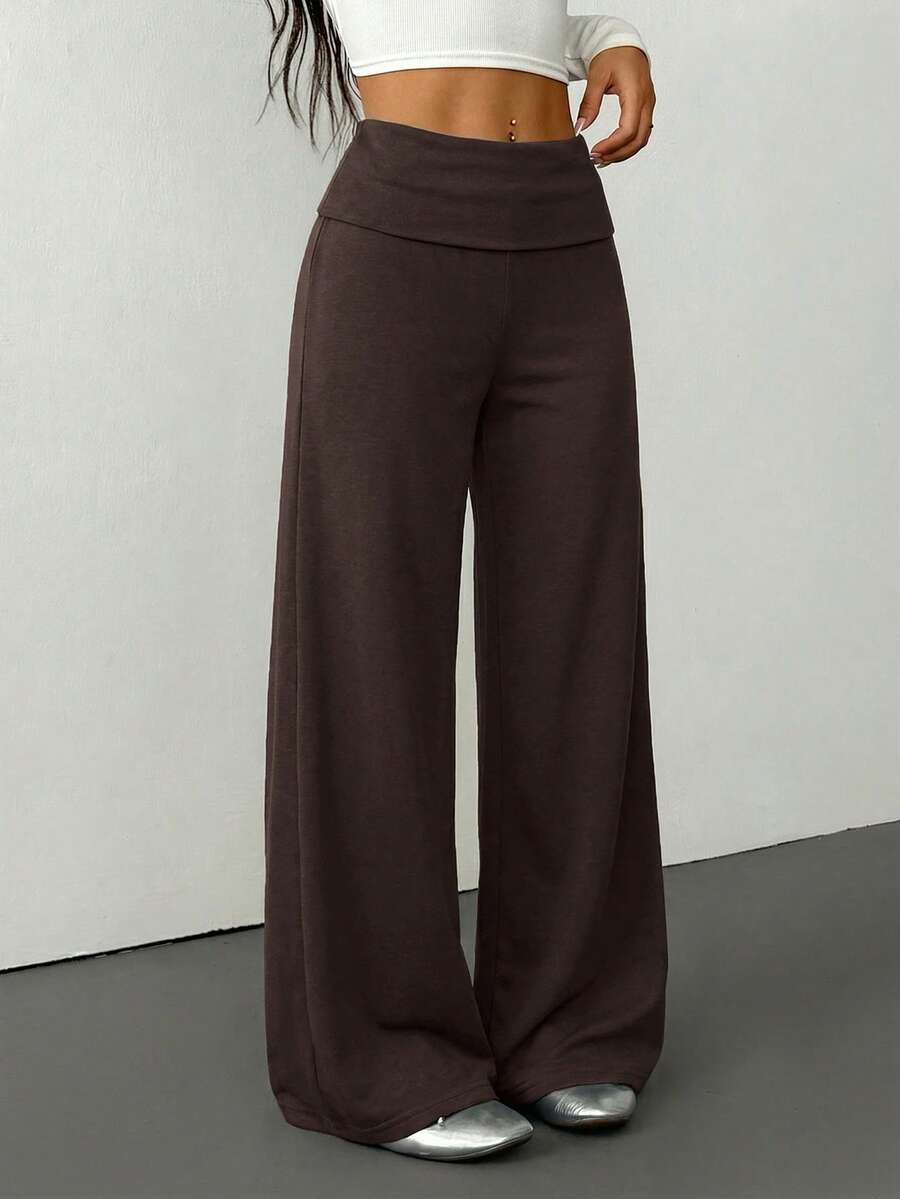 SHEIN PETITE Casual Brown Knitted Fabric Wide Leg Pants For Women Extra Long Rib-Knit Design - Brown - View 1