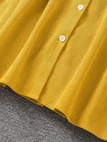 女童花卉刺绣荷叶边荷叶袖纽扣前开襟系带连衣裙，深绿色连衣裙 - 黃色 - 查看 7