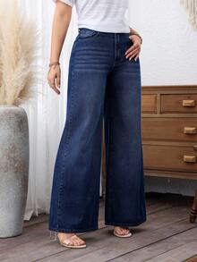 SHEIN Plus Size Women Blue Non-Stretch Wide Leg Cowgirl Jeans, Spring Outfits - Dark Wash - View 6