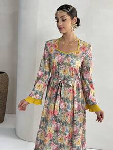 Yasmyna Women's Spring Elegant Floral Print Sweetheart Neck Belted Dress, Vacation Style - Multicolor - View 1