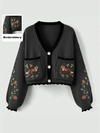 Fairycore Cardigan casual con maniche a lanterna, ricamo e bordi a contrasto, adatto per autunno/inverno