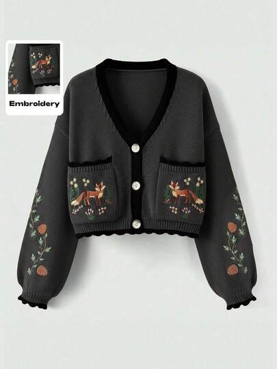 Fairycore Cardigan casual à manches lanternes avec bordure contrastée brodée, automne/hiver