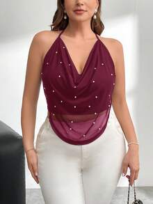 Firerie Áo hai dây và áo tank top cỡ lớn thoải mái, giản dị, thanh lịch, đa năng, thích hợp cho kỳ nghỉ, buổi hòa nhạc, lễ hội âm nhạc, xếp ly, cổ rủ, đính ngọc trai, lưới, hở lưng, dự tiệc cho nữ, mùa xuân/hè. - Màu Đỏ Sâu - Xem 4