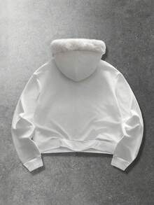 ROMWE MEN Goth Men's Slogan Print Zip-Up Hooded Sweatshirt With Fur Collar - White - View 2