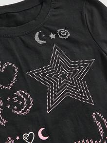 ROMWE Kawaii Y2K Sexy Chic Cat, Pentagram, Heart, Bow Emoticon Print Fitted Women T-Shirt - Black - View 4