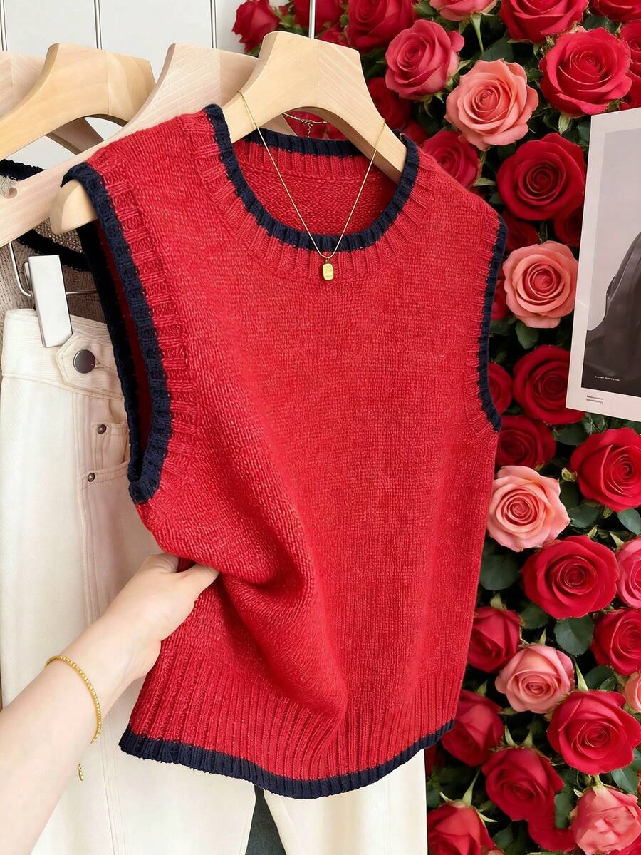 Franclia Casual Loose Crew Neck Sleeveless Knit Contrast Trim Khaki Sweater Top For Women, Spring/Autumn - Red - View 1