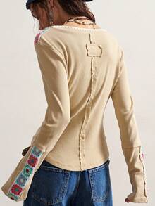 Bohemela Áo thun nữ dài tay cổ chữ V màu trơn, dáng ôm, chất liệu vải mài, thích hợp cho kỳ nghỉ. - Màu be - Xem 9