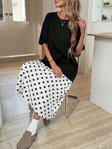 SHEIN LUNE Vestido midi feminino casual de verão com estampa de bolinhas e patchwork, ideal para férias, trabalho e uso diário. Manga curta. - Preto e Branco - Ver 6